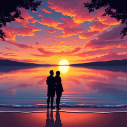 A serene landscape illustrating a tranquil sunset over a calm lake, where the sky is painted with a vibrant mix of oranges, pinks, and purples as the sun sets on the horizon