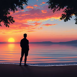 A serene landscape illustrating a tranquil sunset over a calm lake, where the sky is painted with a vibrant mix of oranges, pinks, and purples as the sun sets on the horizon