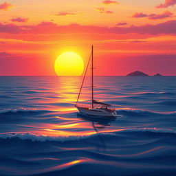 A vivid animation scene depicting a sailboat drifting aimlessly in the ocean without sails, under a stunning sunset