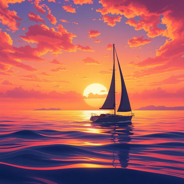 A vivid animation scene depicting a sailboat drifting aimlessly in the ocean without sails, under a stunning sunset