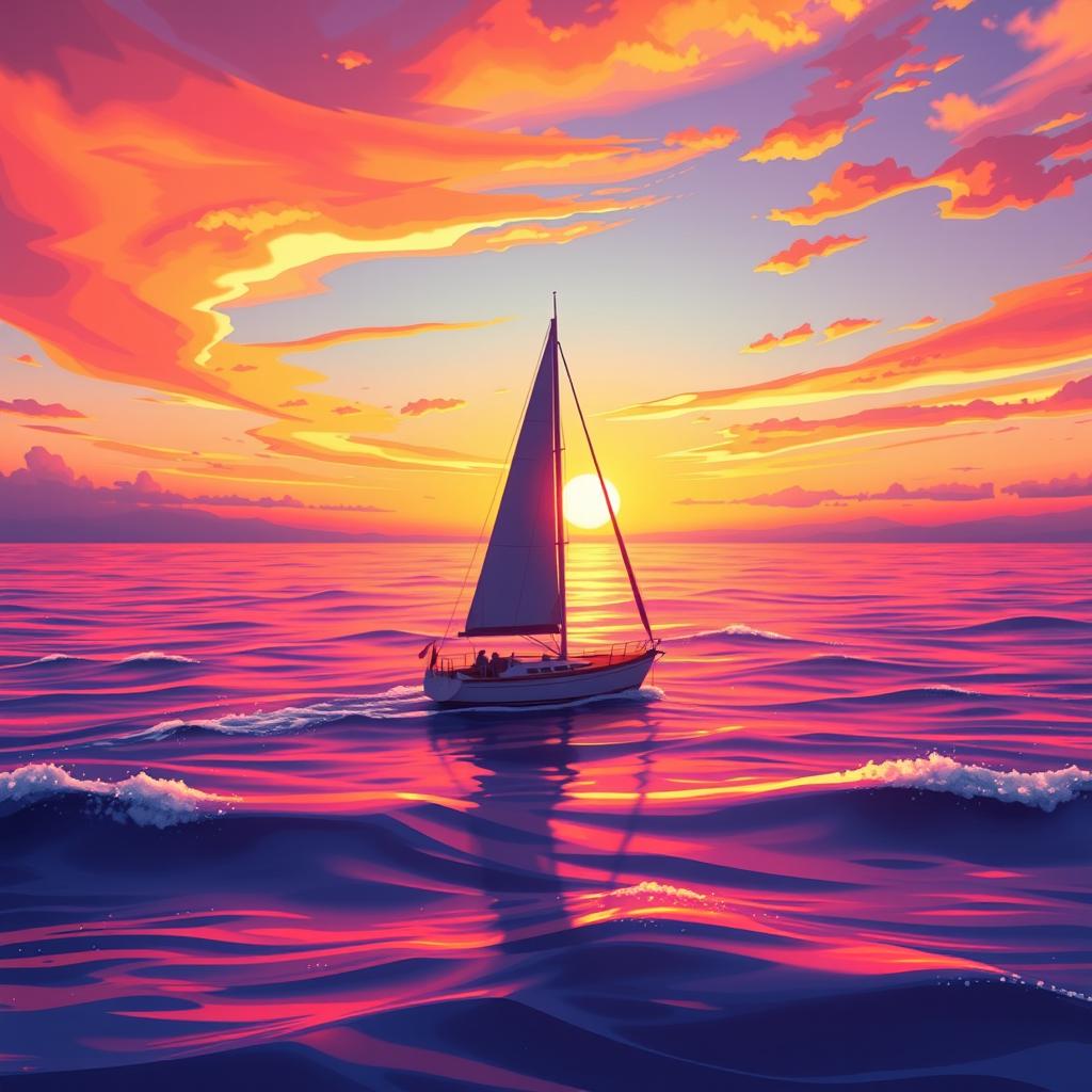 A vivid animation scene depicting a sailboat drifting aimlessly in the ocean without sails, under a stunning sunset