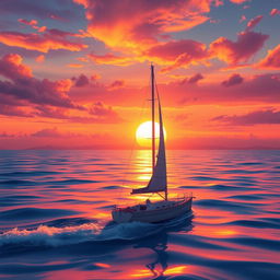 A vivid animation scene depicting a sailboat drifting aimlessly in the ocean without sails, under a stunning sunset