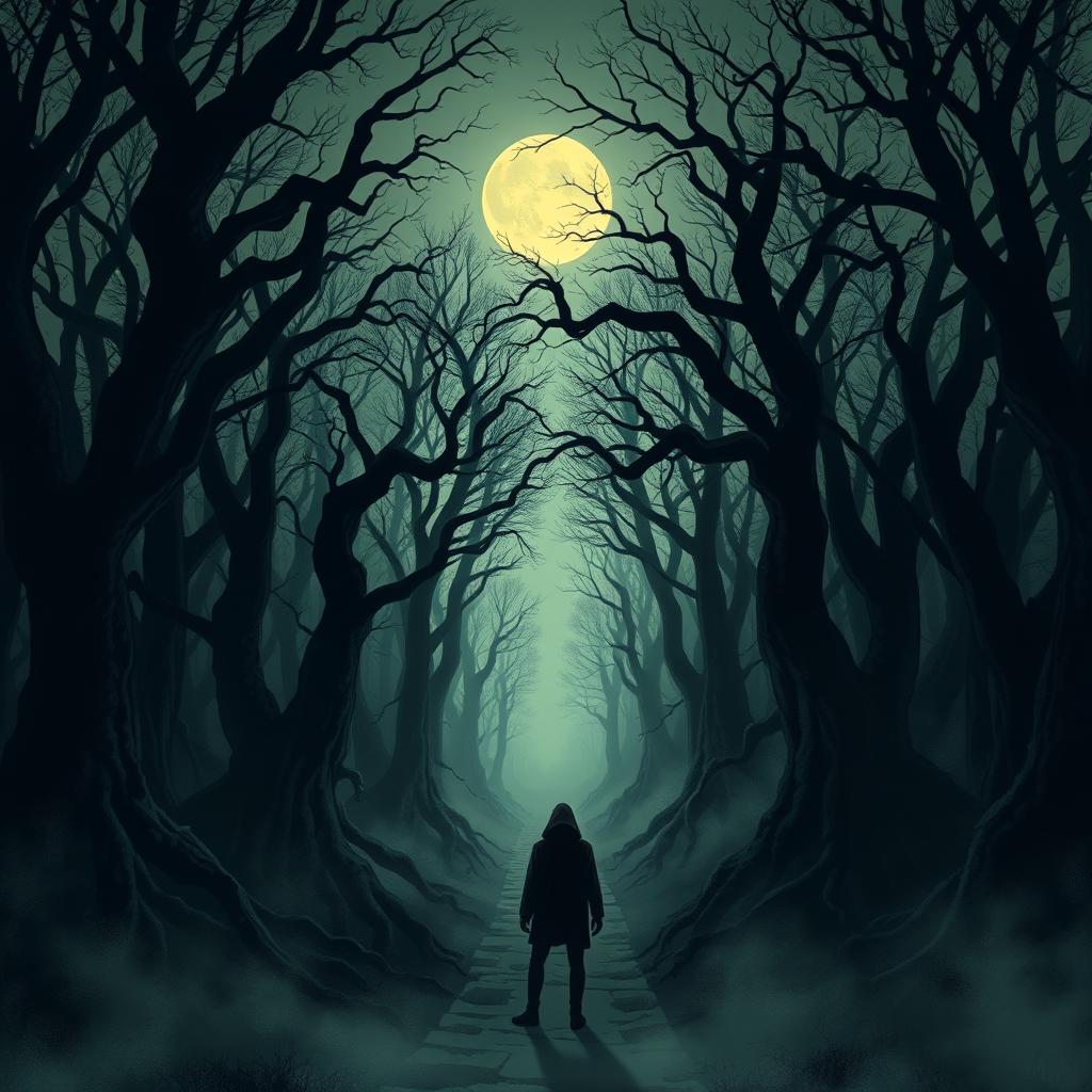 An evocative illustration inspired by The Whispering Woods, showcasing a terrifying forest landscape under an eerie twilight sky