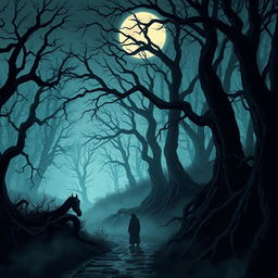An evocative illustration inspired by The Whispering Woods, showcasing a terrifying forest landscape under an eerie twilight sky