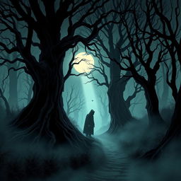 An evocative illustration inspired by The Whispering Woods, showcasing a terrifying forest landscape under an eerie twilight sky