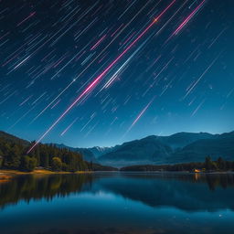 A stunning, realistic portrayal of a meteor shower, with vibrant and beautiful shooting stars streaking across a clear night sky