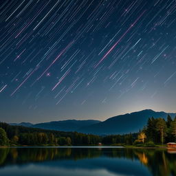 A stunning, realistic portrayal of a meteor shower, with vibrant and beautiful shooting stars streaking across a clear night sky