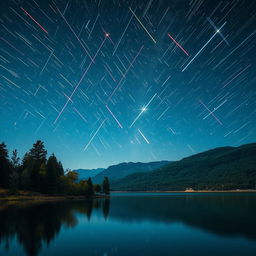 A stunning, realistic portrayal of a meteor shower, with vibrant and beautiful shooting stars streaking across a clear night sky