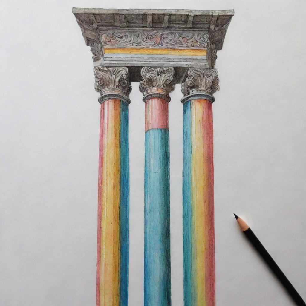 Dibujo hecho con aerógrafo multicolor de una columna griega simétrica con gran detalle y línea media de grosor.