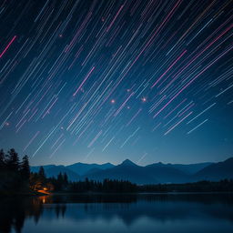 A stunning, realistic portrayal of a meteor shower, with vibrant and beautiful shooting stars streaking across a clear night sky