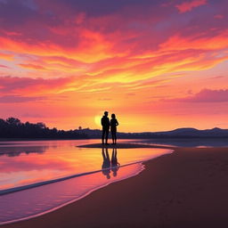 A serene landscape illustrating a tranquil sunset over a calm lake, where the sky is awash with brilliant shades of orange, pink, and purple as the sun sets in the distance