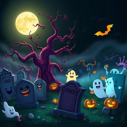 A dark and whimsical animated cemetery in classic Disney style