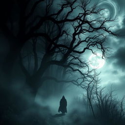 A chilling visual representation inspired by The Whispering Woods, featuring a foreboding forest landscape