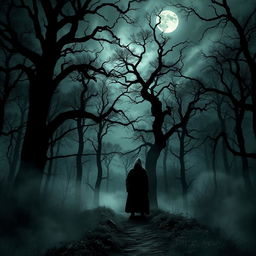 A chilling visual representation inspired by The Whispering Woods, featuring a foreboding forest landscape