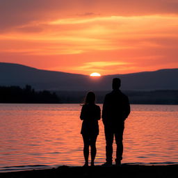 A serene landscape showcasing a tranquil sunset over a calm lake, with the sky filled with rich tones of orange, pink, and purple as the sun sets on the horizon