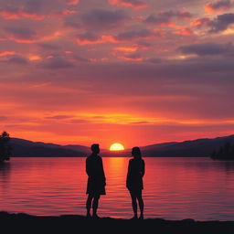 A serene landscape showcasing a tranquil sunset over a calm lake, with the sky filled with rich tones of orange, pink, and purple as the sun sets on the horizon