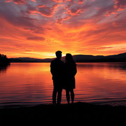 A serene landscape showcasing a tranquil sunset over a calm lake, with the sky filled with rich tones of orange, pink, and purple as the sun sets on the horizon