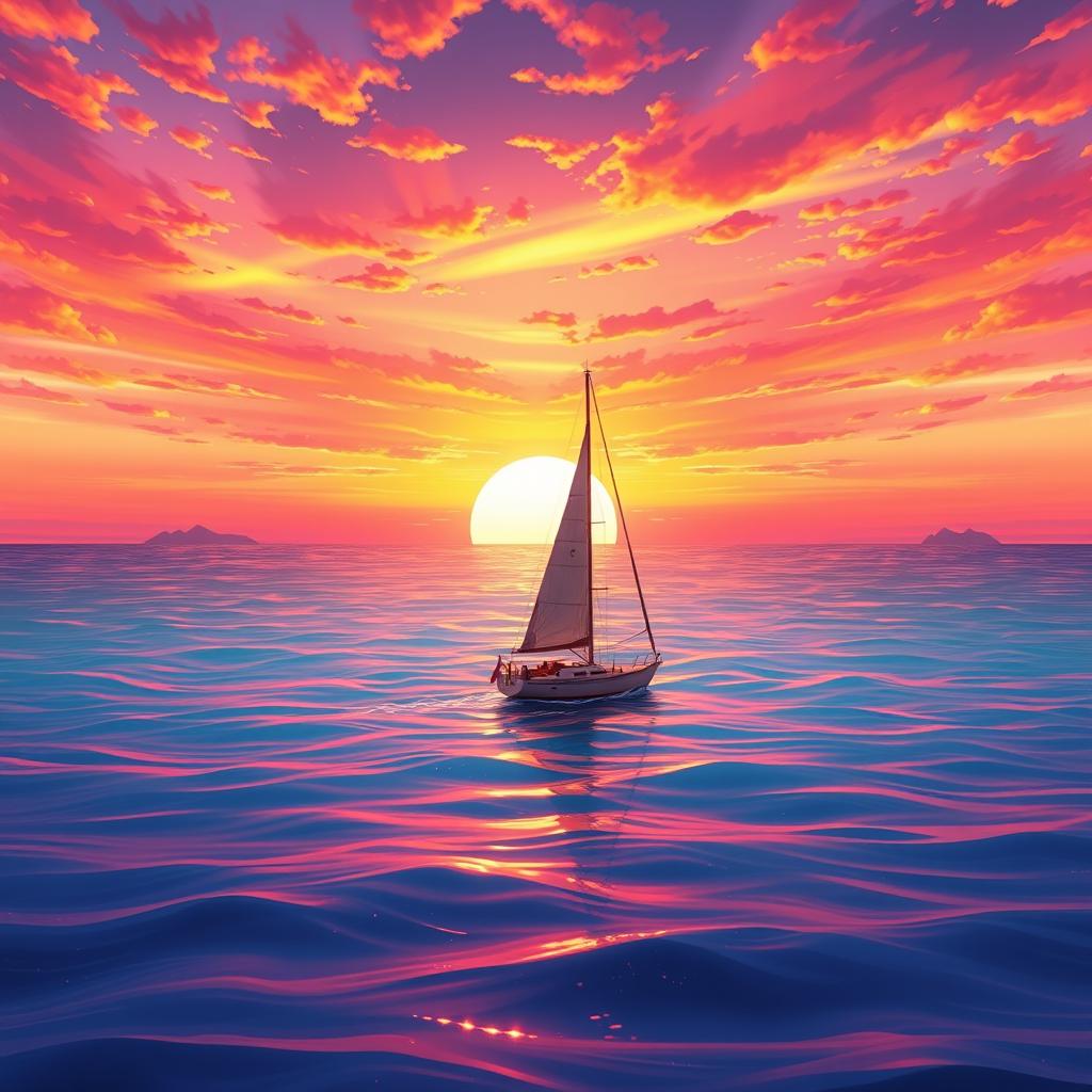 A vivid animation scene featuring a sailboat drifting aimlessly across the ocean without sails, set against a stunning sunset