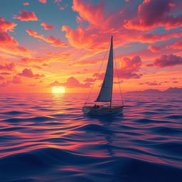 A vivid animation scene featuring a sailboat drifting aimlessly across the ocean without sails, set against a stunning sunset