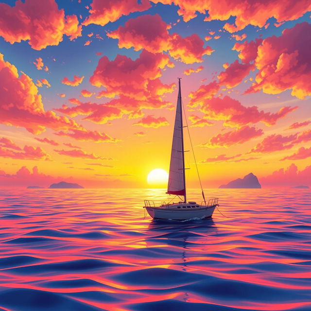 A vivid animation scene featuring a sailboat drifting aimlessly across the ocean without sails, set against a stunning sunset