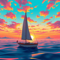 A vivid animation scene featuring a sailboat drifting aimlessly across the ocean without sails, set against a stunning sunset