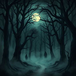 A spine-chilling illustration inspired by The Whispering Woods, depicting a foreboding forest shrouded in darkness