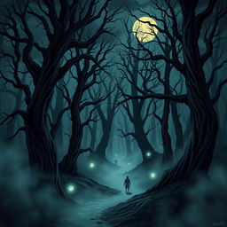 A spine-chilling illustration inspired by The Whispering Woods, depicting a foreboding forest shrouded in darkness
