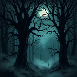 A spine-chilling illustration inspired by The Whispering Woods, depicting a foreboding forest shrouded in darkness