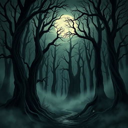 A spine-chilling illustration inspired by The Whispering Woods, depicting a foreboding forest shrouded in darkness