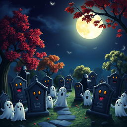 A dark and whimsical animated cemetery in the charming Disney style