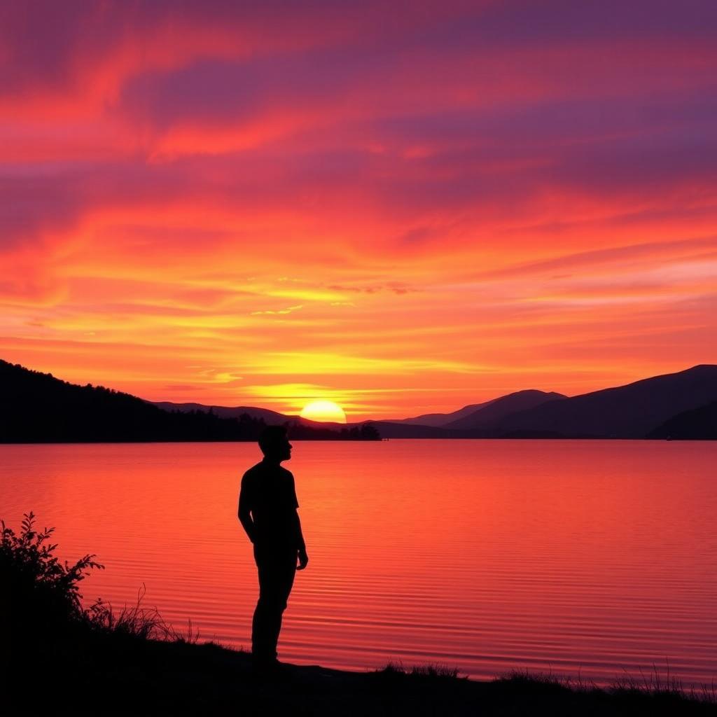 A serene landscape showcasing a tranquil sunset over a calm lake, filled with vibrant hues of orange, pink, and purple in the sky as the sun slowly descends towards the horizon