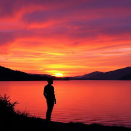 A serene landscape showcasing a tranquil sunset over a calm lake, filled with vibrant hues of orange, pink, and purple in the sky as the sun slowly descends towards the horizon