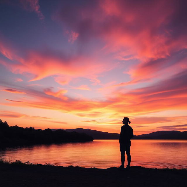 A serene landscape showcasing a tranquil sunset over a calm lake, filled with vibrant hues of orange, pink, and purple in the sky as the sun slowly descends towards the horizon