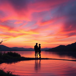 A serene landscape showcasing a tranquil sunset over a calm lake, filled with vibrant hues of orange, pink, and purple in the sky as the sun slowly descends towards the horizon