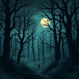 A haunting illustration inspired by The Whispering Woods, depicting a dark and twisted forest engulfed by a thick fog that creeps along the forest floor