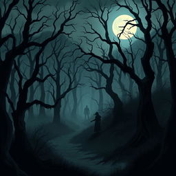 A haunting illustration inspired by The Whispering Woods, depicting a dark and twisted forest engulfed by a thick fog that creeps along the forest floor
