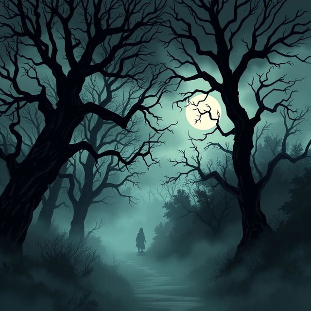 A haunting illustration inspired by The Whispering Woods, depicting a dark and twisted forest engulfed by a thick fog that creeps along the forest floor