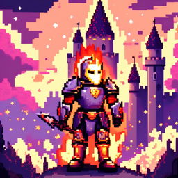 Pixel art profile picture of a flaming knight in a full suit of armor, engulfed in pixelated flames, standing against a castle backdrop under a starry twilight sky