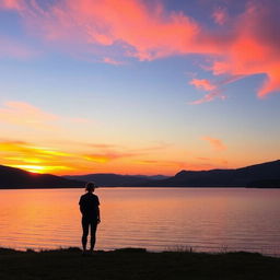 A serene landscape presenting a tranquil sunset over a calm lake, featuring a sky painted with vibrant hues of orange, pink, and purple as the sun descends toward the horizon