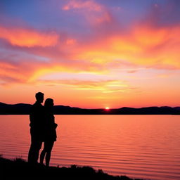 A serene landscape presenting a tranquil sunset over a calm lake, featuring a sky painted with vibrant hues of orange, pink, and purple as the sun descends toward the horizon