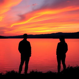 A serene landscape presenting a tranquil sunset over a calm lake, featuring a sky painted with vibrant hues of orange, pink, and purple as the sun descends toward the horizon