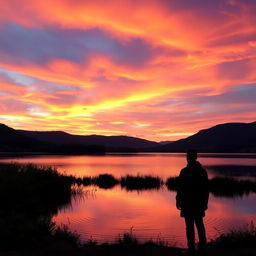 A serene landscape depicting a tranquil sunset over a calm lake, where the sky is adorned with magnificent shades of orange, pink, and purple as the sun gently sets on the horizon