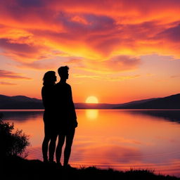 A serene landscape depicting a tranquil sunset over a calm lake, where the sky is adorned with magnificent shades of orange, pink, and purple as the sun gently sets on the horizon