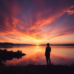 A serene landscape depicting a tranquil sunset over a calm lake, where the sky is adorned with magnificent shades of orange, pink, and purple as the sun gently sets on the horizon