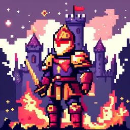 Pixel art profile picture of a flaming knight in a full suit of armor, engulfed in pixelated flames, standing against a castle backdrop under a starry twilight sky