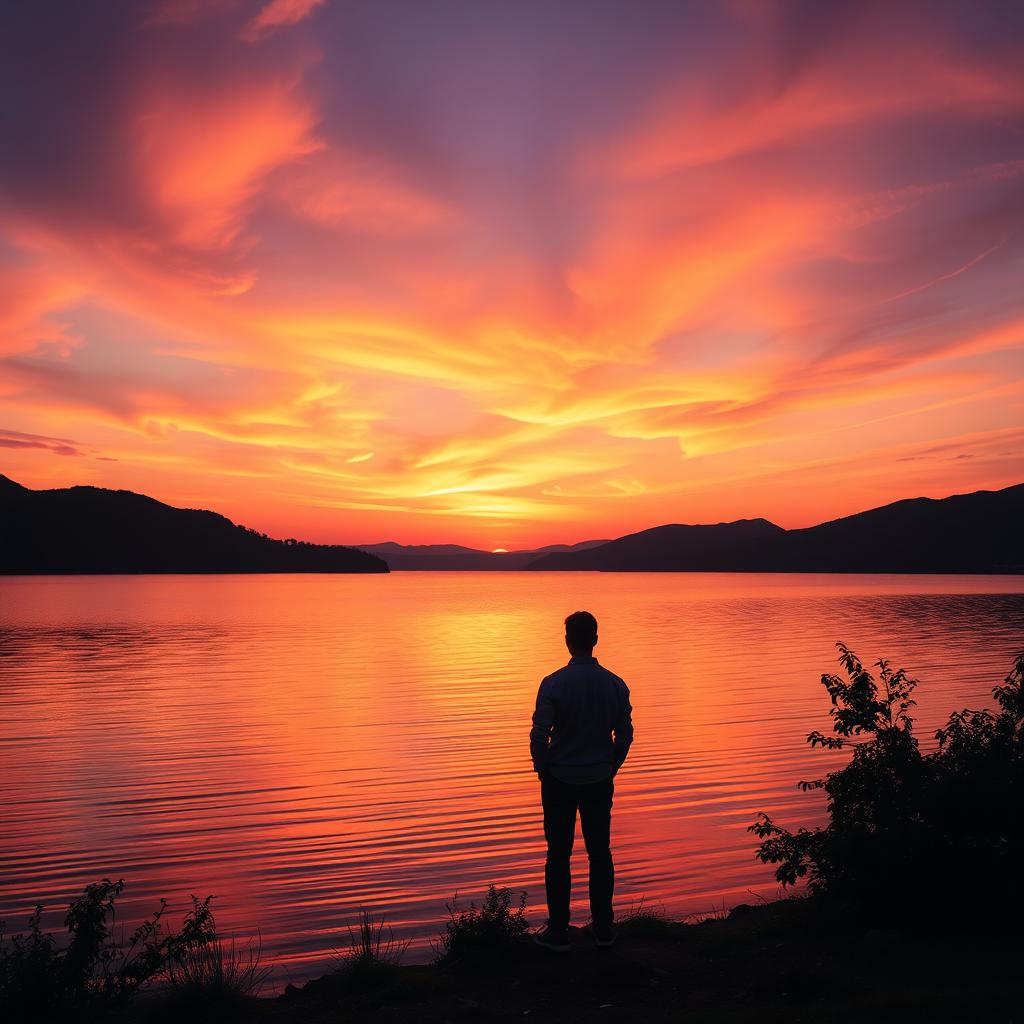 A serene landscape depicting a tranquil sunset over a calm lake, where the sky is adorned with magnificent shades of orange, pink, and purple as the sun gently sets on the horizon