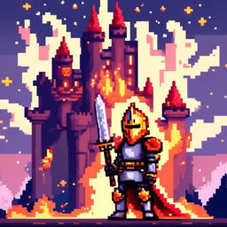 Pixel art profile picture of a flaming knight in a full suit of armor, engulfed in pixelated flames, standing against a castle backdrop under a starry twilight sky