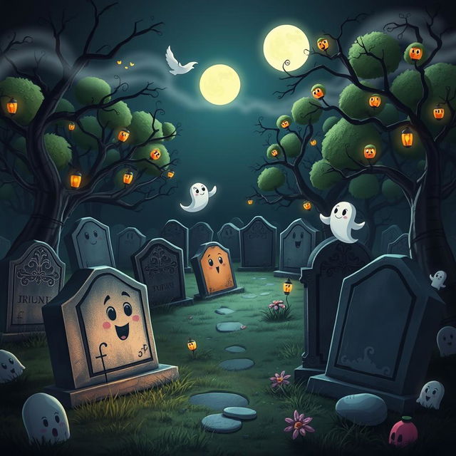 A dark and whimsical animated cemetery in a delightful Disney style