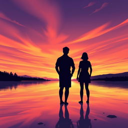 A serene landscape illustrating a tranquil sunset over a calm lake, where the sky is filled with stunning gradients of orange, pink, and lavender as the sun sets on the horizon