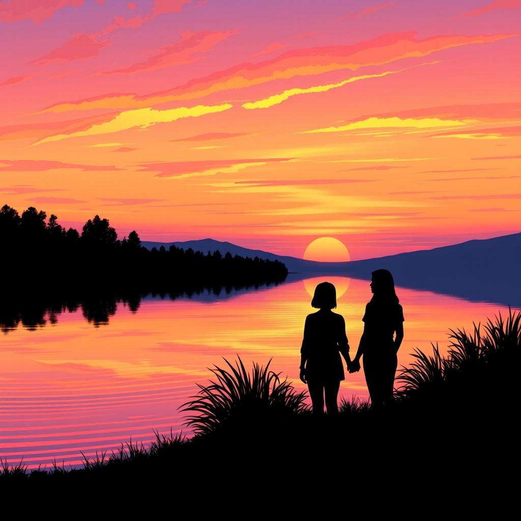 A serene landscape illustrating a tranquil sunset over a calm lake, where the sky is filled with stunning gradients of orange, pink, and lavender as the sun sets on the horizon